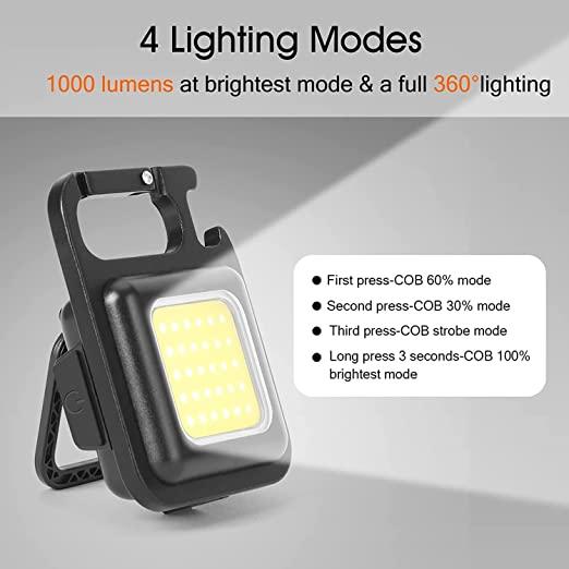 Keychain LED Light with Bottle Opener, Magnetic Base and Folding Bracket Mini COB 500 Lumens Rechargeable Emergency Light (Square with 4 Modes)