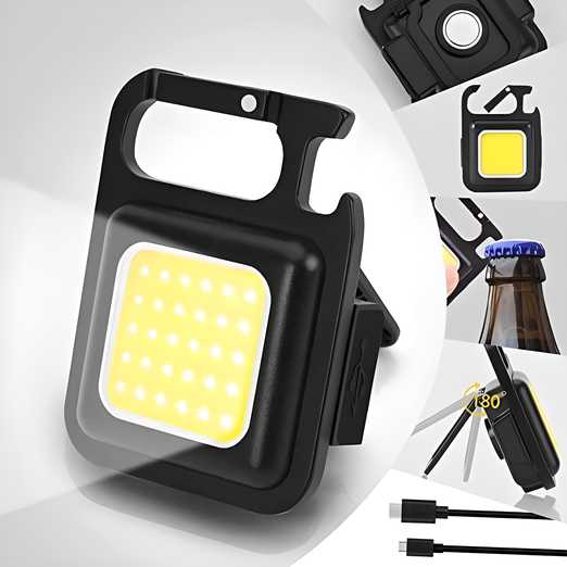 Keychain LED Light with Bottle Opener, Magnetic Base and Folding Bracket Mini COB 500 Lumens Rechargeable Emergency Light (Square with 4 Modes)