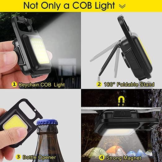 Keychain LED Light with Bottle Opener, Magnetic Base and Folding Bracket Mini COB 500 Lumens Rechargeable Emergency Light (Square with 4 Modes)