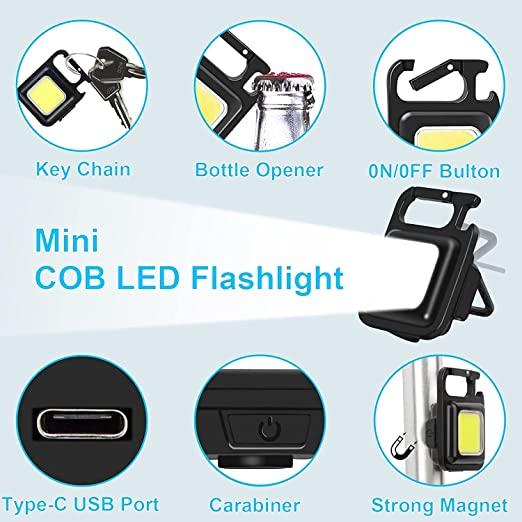 Keychain LED Light with Bottle Opener, Magnetic Base and Folding Bracket Mini COB 500 Lumens Rechargeable Emergency Light (Square with 4 Modes)