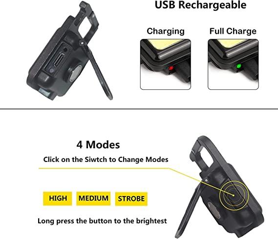 Keychain LED Light with Bottle Opener, Magnetic Base and Folding Bracket Mini COB 500 Lumens Rechargeable Emergency Light (Square with 4 Modes)